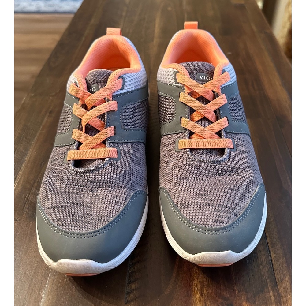 Vionic Womens Grey Orange Knit Mesh Walking Sneakers Athletic Shoes Size 9.5